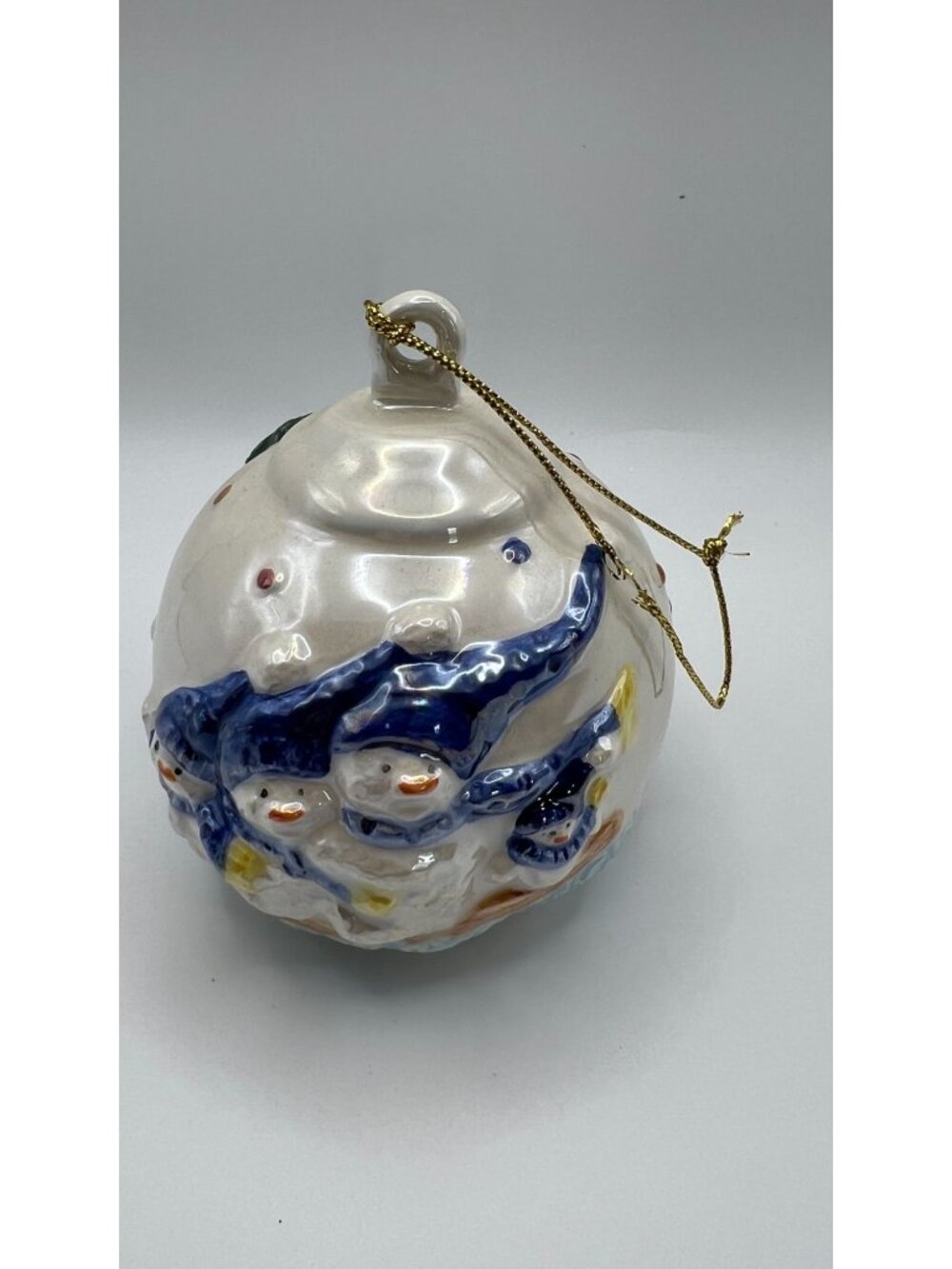 Hand-Painted Ceramic Snowman Ornament With Winter Scene & Gold String